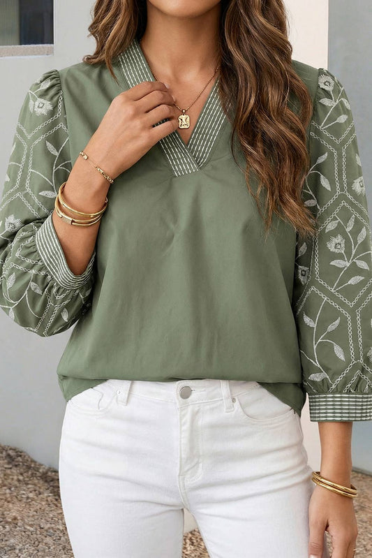 Floral Puff Sleeve Contrast V Neck Patchwork Blouse