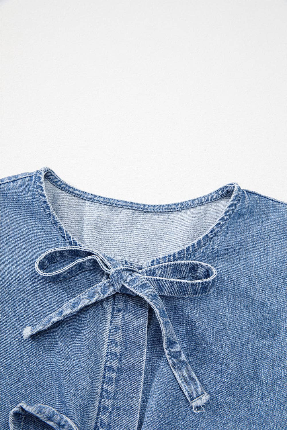 Blue Denim Tie Front Puff Sleeve Peplum Blouse