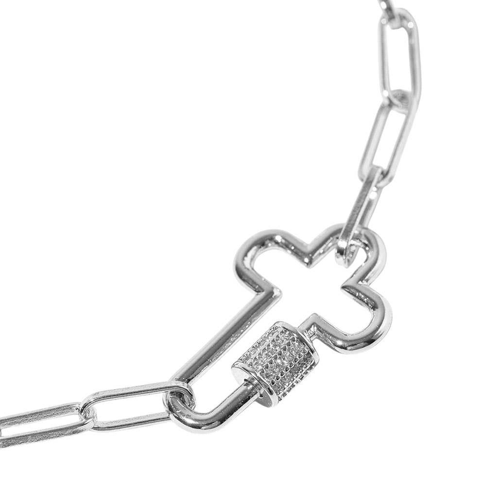 Gold Dipped CZ Stone Paved Open Cross Carabiner Paperclip Link Chain Anklet