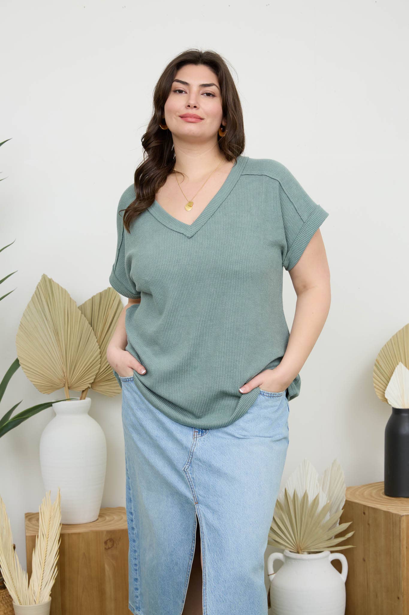 PLUS RAW EDGE V NECK EXTENDED SLEEVE KNIT TOP - Sage