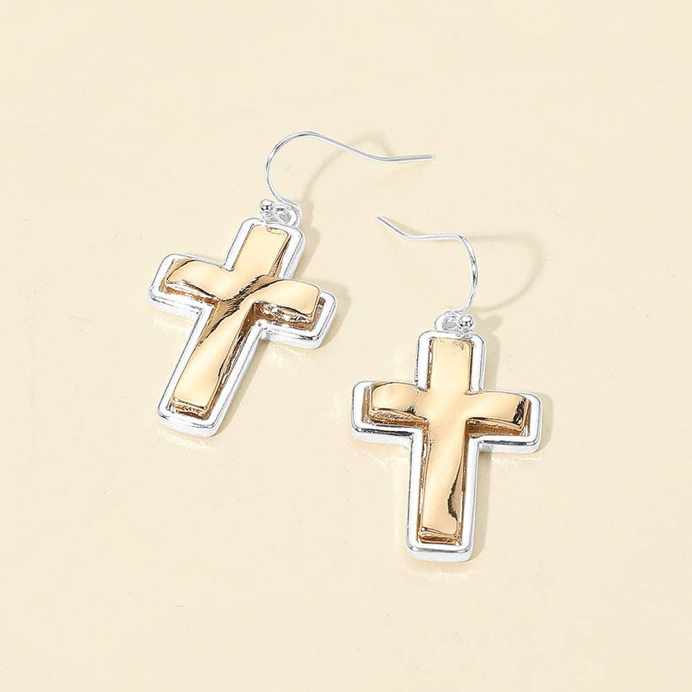 Two Tone Metal Cross Charm Drop Earrings