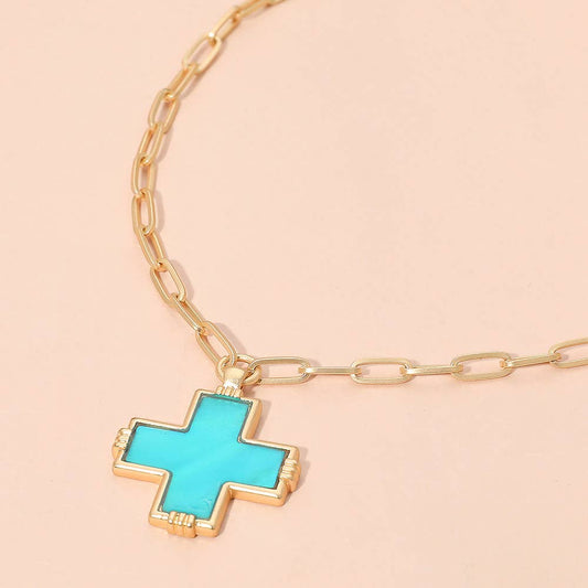Abalone Cross Pendant Paperclip Chain Necklace