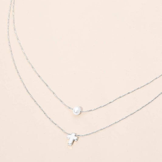 Mini Cross Pearl Pendant Accent Layered Necklace