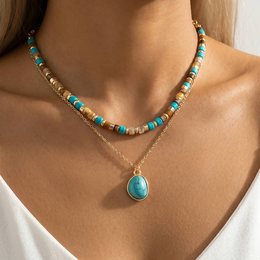 Layered Turquoise Stone Pendant And Bead Necklace