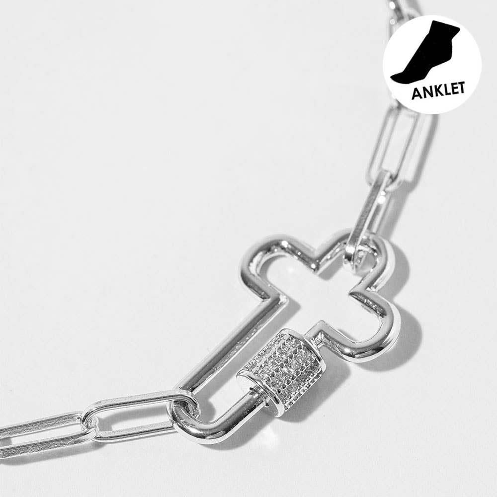 Gold Dipped CZ Stone Paved Open Cross Carabiner Paperclip Link Chain Anklet