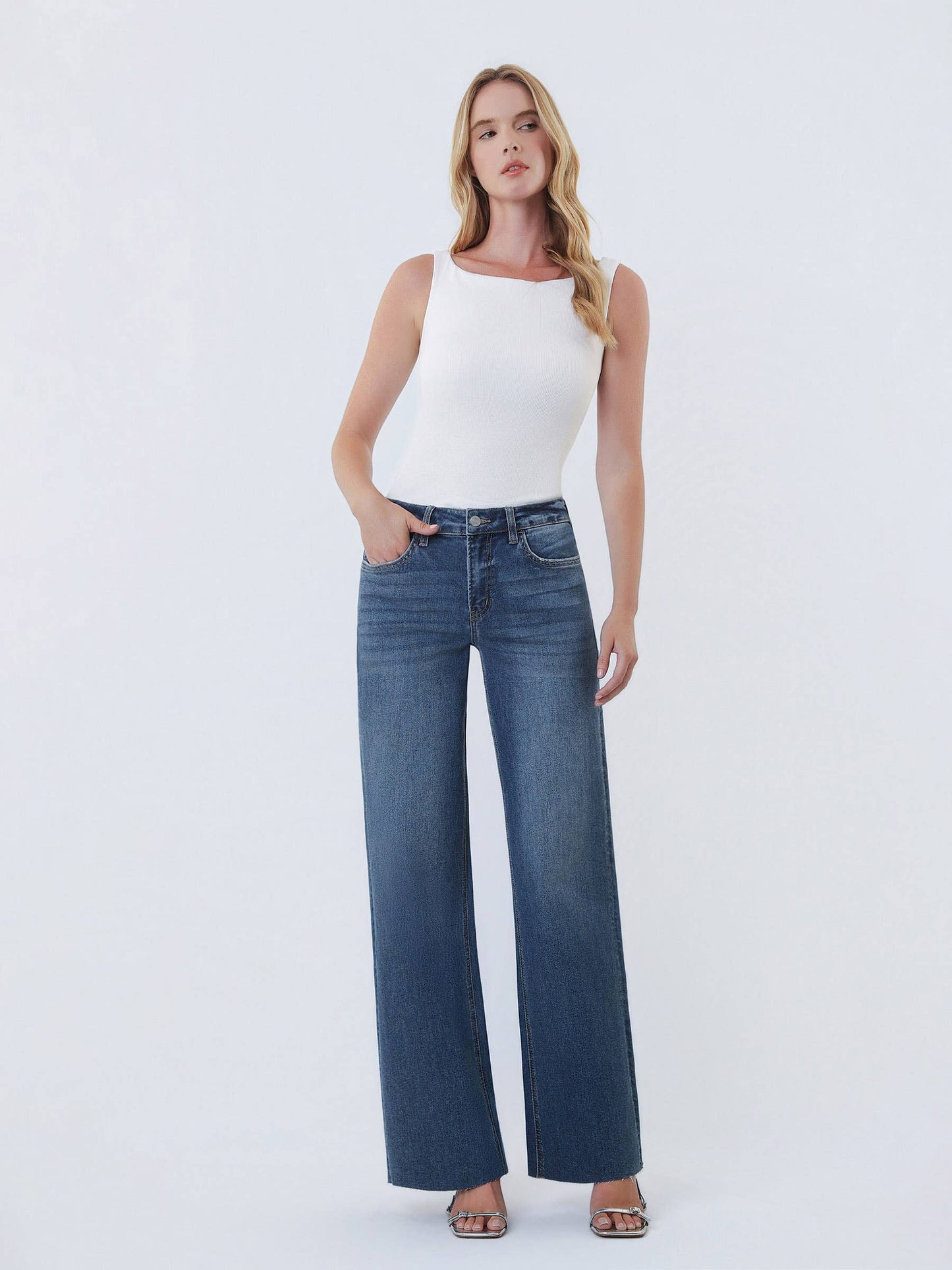 LOVERVET HIGH RISE DARK WASH CLEAN CUT RAW HEM WIDE JEANS LV1134
