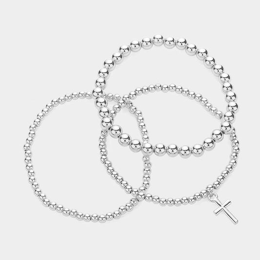 3PCS - Metal Cross Charm Pointed Metal Ball Beaded Stretch Multi Layered Bracelets