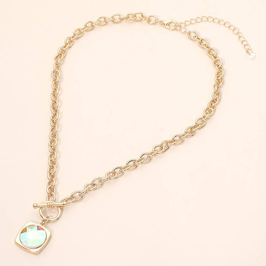 Round Faceted Stone Accent Frame Toggle Pendant Necklace
