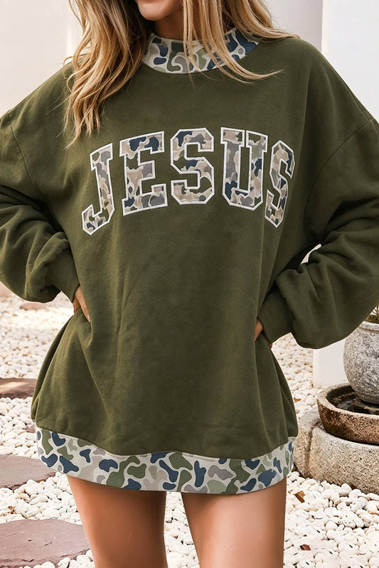 JESUS Embroidered Camo Lettering Mock Neck Sweatshirt