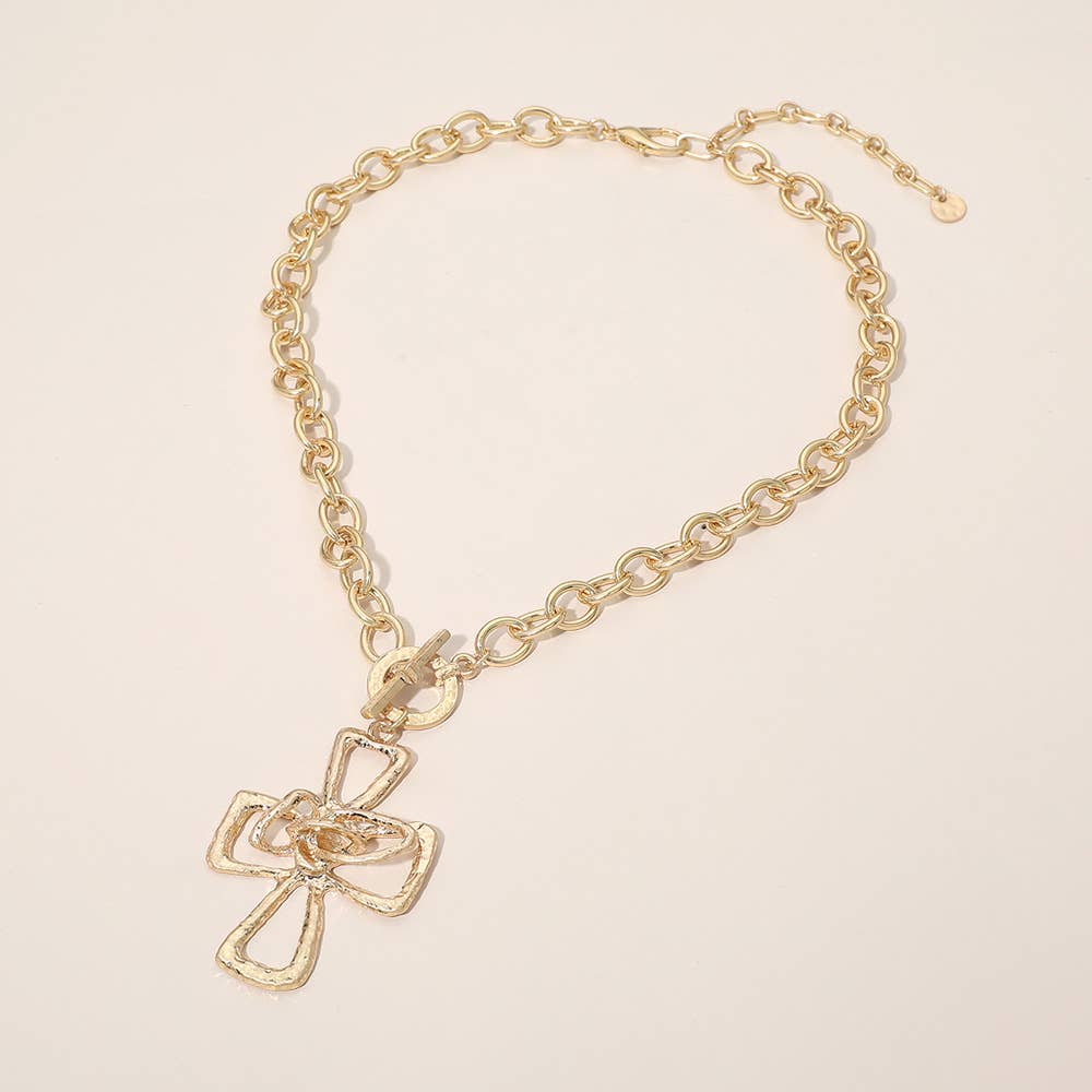 Hammered Metal Cross Toggle Pendant Necklace