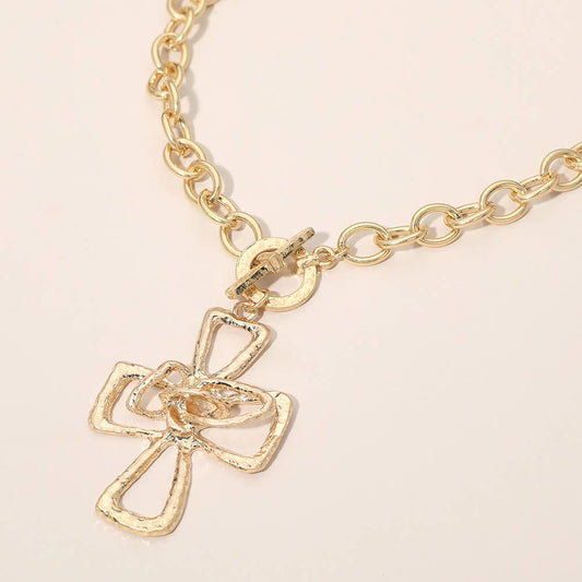 Hammered Metal Cross Toggle Pendant Necklace