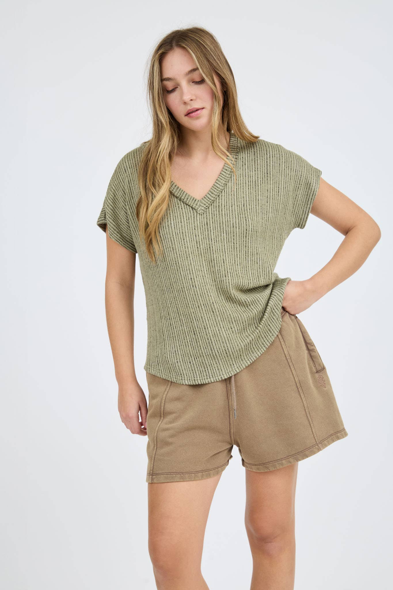 Blu Pepper PLUS V NECK EXTENDED SHORT SLEEVE SWEATER KNIT TOP