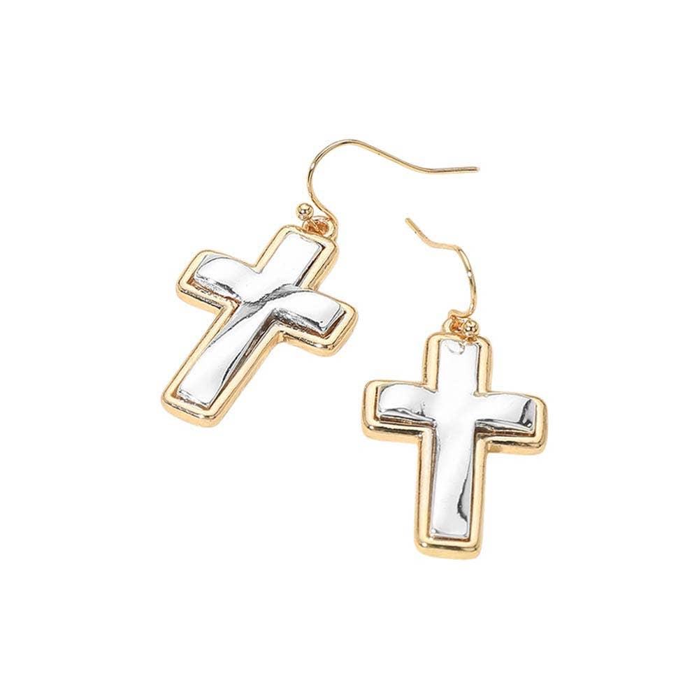 Two Tone Metal Cross Charm Drop Earrings