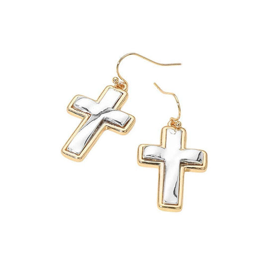 Two Tone Metal Cross Charm Drop Earrings