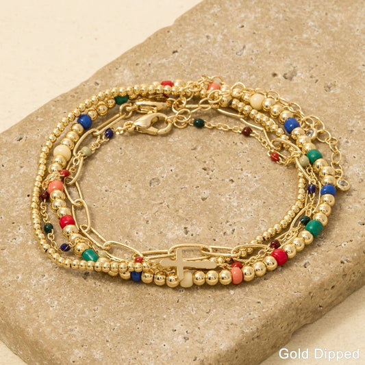 Cross Charm Mixed Beads And Chains Bracelet