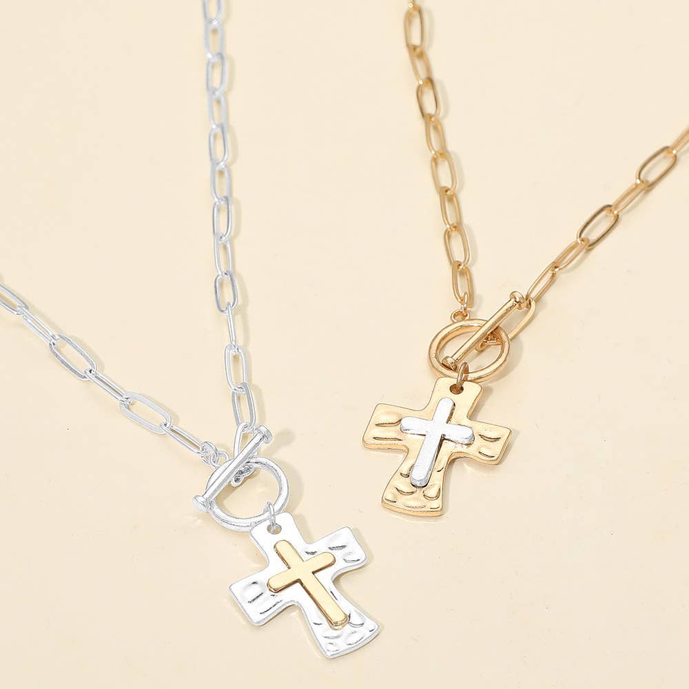 Brushed Hammered Metal Cross Pendant Paperclip Chain Toggle Necklace