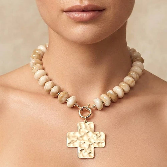 Hammered Metal Cross Pendant Accent Chunky Beaded Necklace
