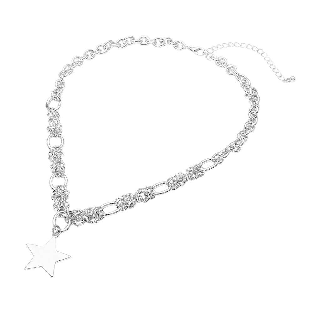 Hammered Metal Star Pendant Chunky Mixed Chain Necklace