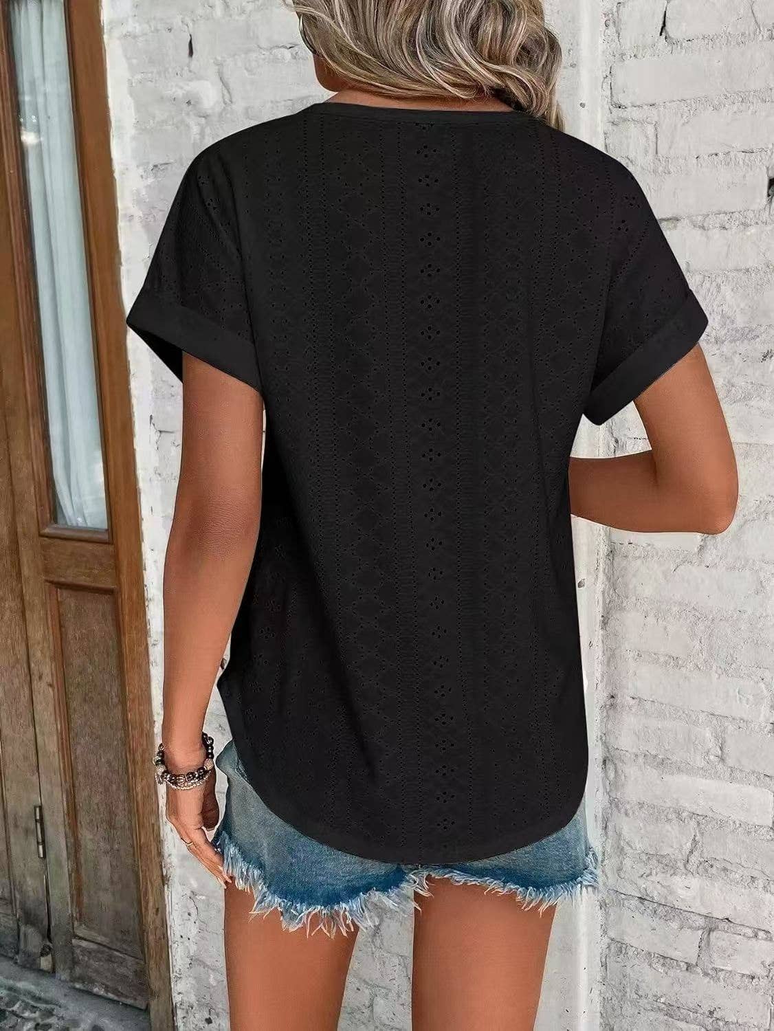Solid Eyelet Short Sleeve Tee Loose Fit Casual Top
