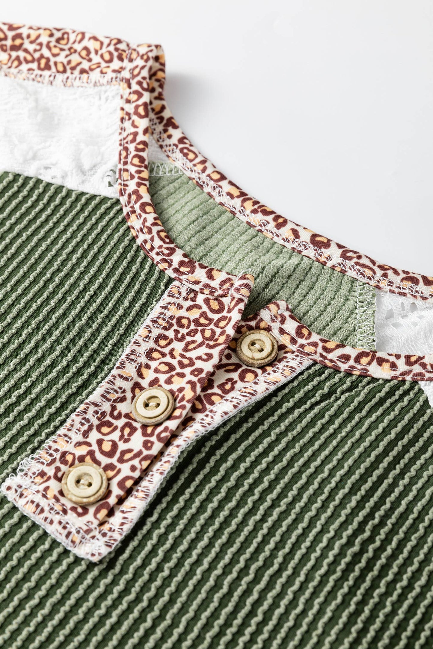 Ribbed Leopard Lace Contrast Patchwork Sleeve Top (S-XL)