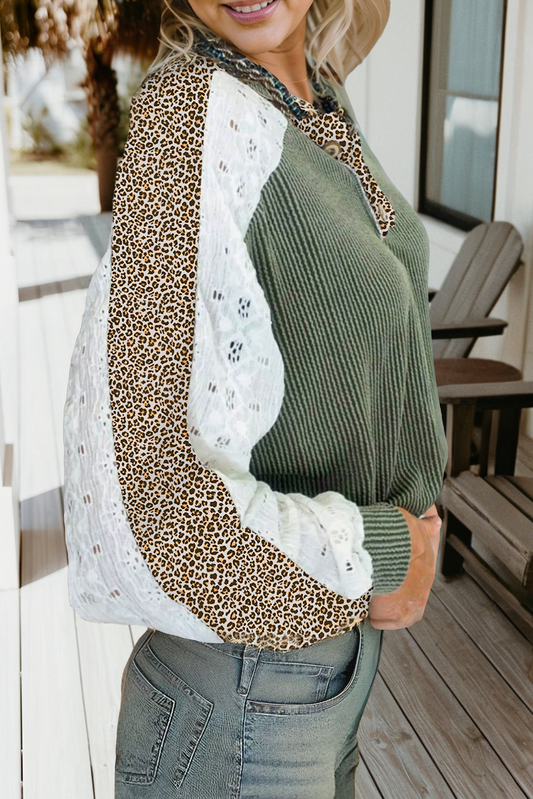Ribbed Leopard Lace Contrast Patchwork Sleeve Top (S-XL)
