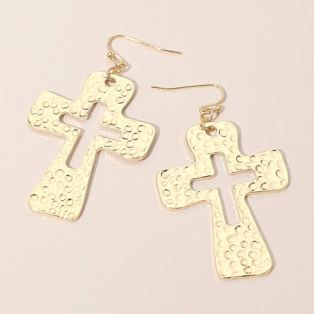 Hammered Metal Open Cross Drop Dangle Earrings