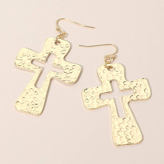 Hammered Metal Open Cross Drop Dangle Earrings