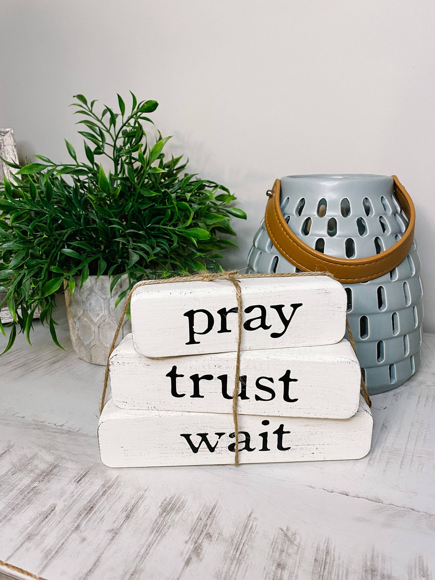 Christian Gift – Pray Trust Wait – White Stacked Blocks