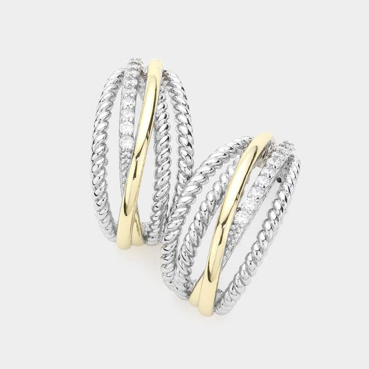 14K Gold Plated Two Tone CZ Stone Paved Rope Hoop Earrings