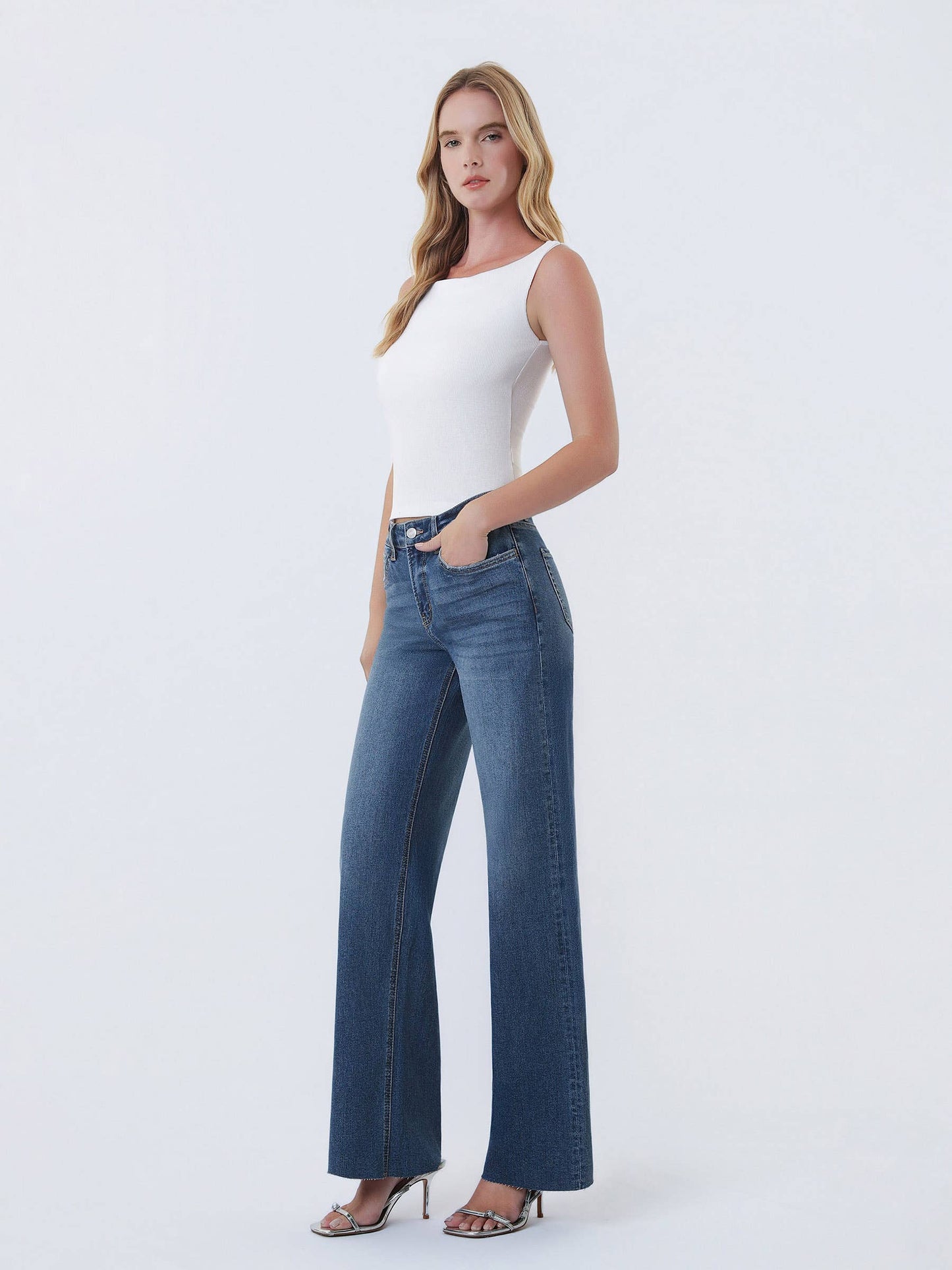 LOVERVET HIGH RISE DARK WASH CLEAN CUT RAW HEM WIDE JEANS LV1134