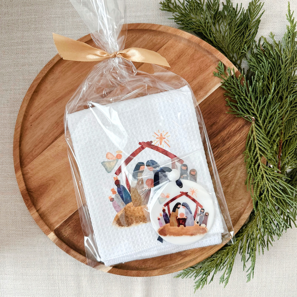 Christmas Gift Set - Nativity Watercolor | Towel & Ornament