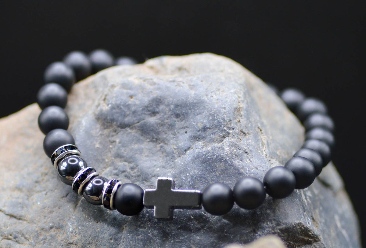 Men’s Black Onyx & Hematite Cross Stretchable Bracelet
