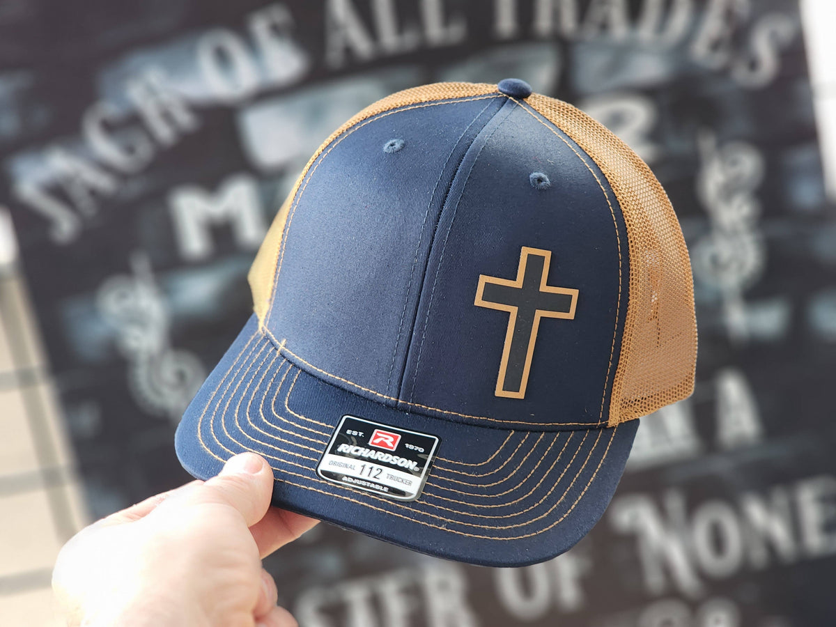 Cross Design Patch Hat – Navy Tan Faith Trucker Cap