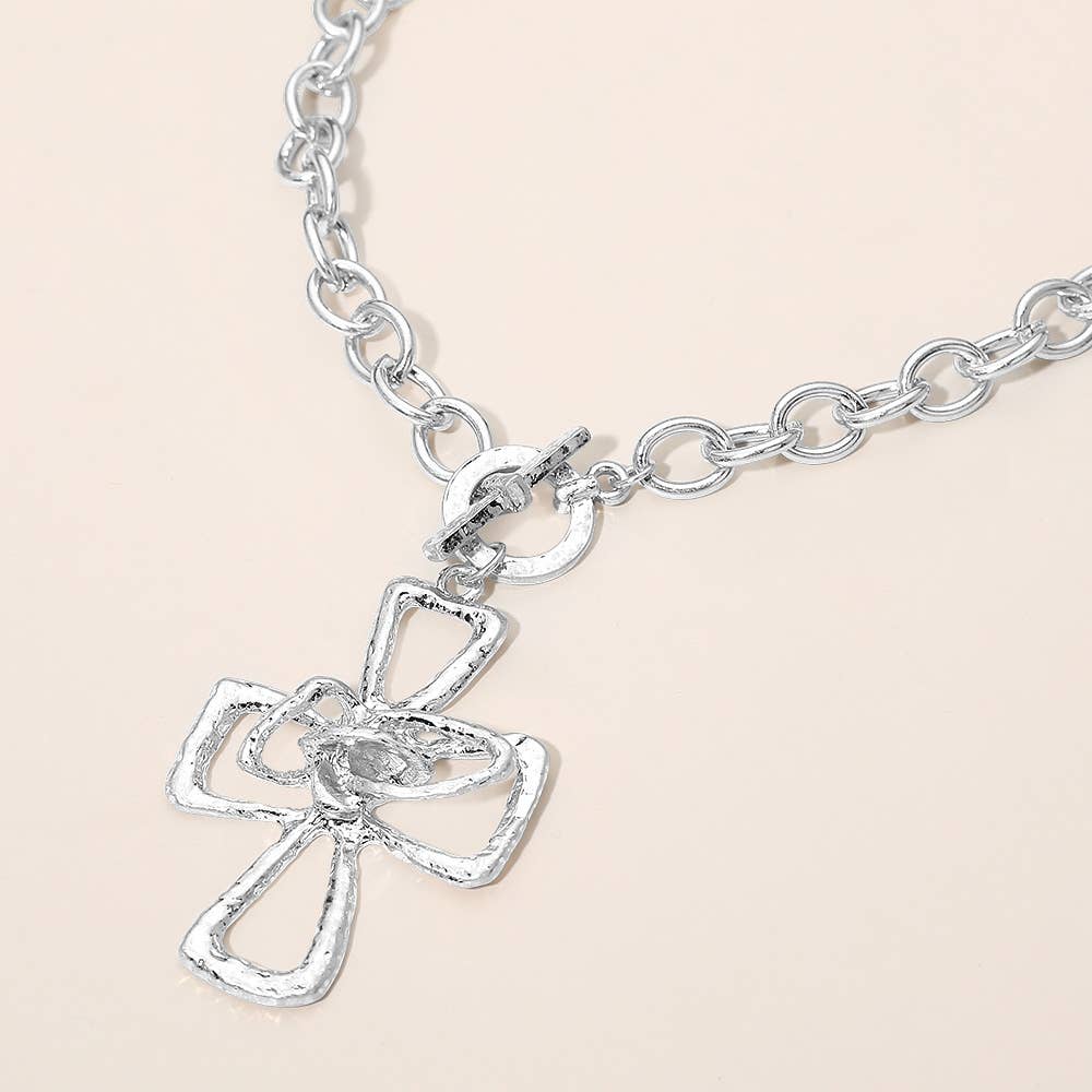 Hammered Metal Cross Toggle Pendant Necklace