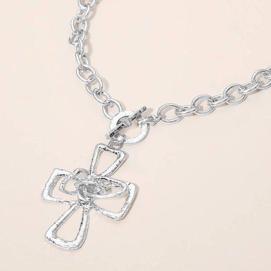 Hammered Metal Cross Toggle Pendant Necklace
