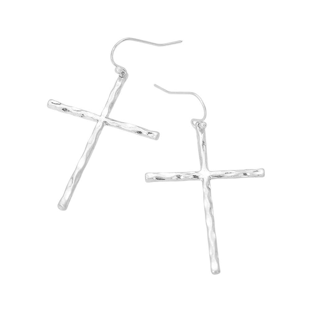 Hammered Metal Cross Charm Drop Dangle Earrings
