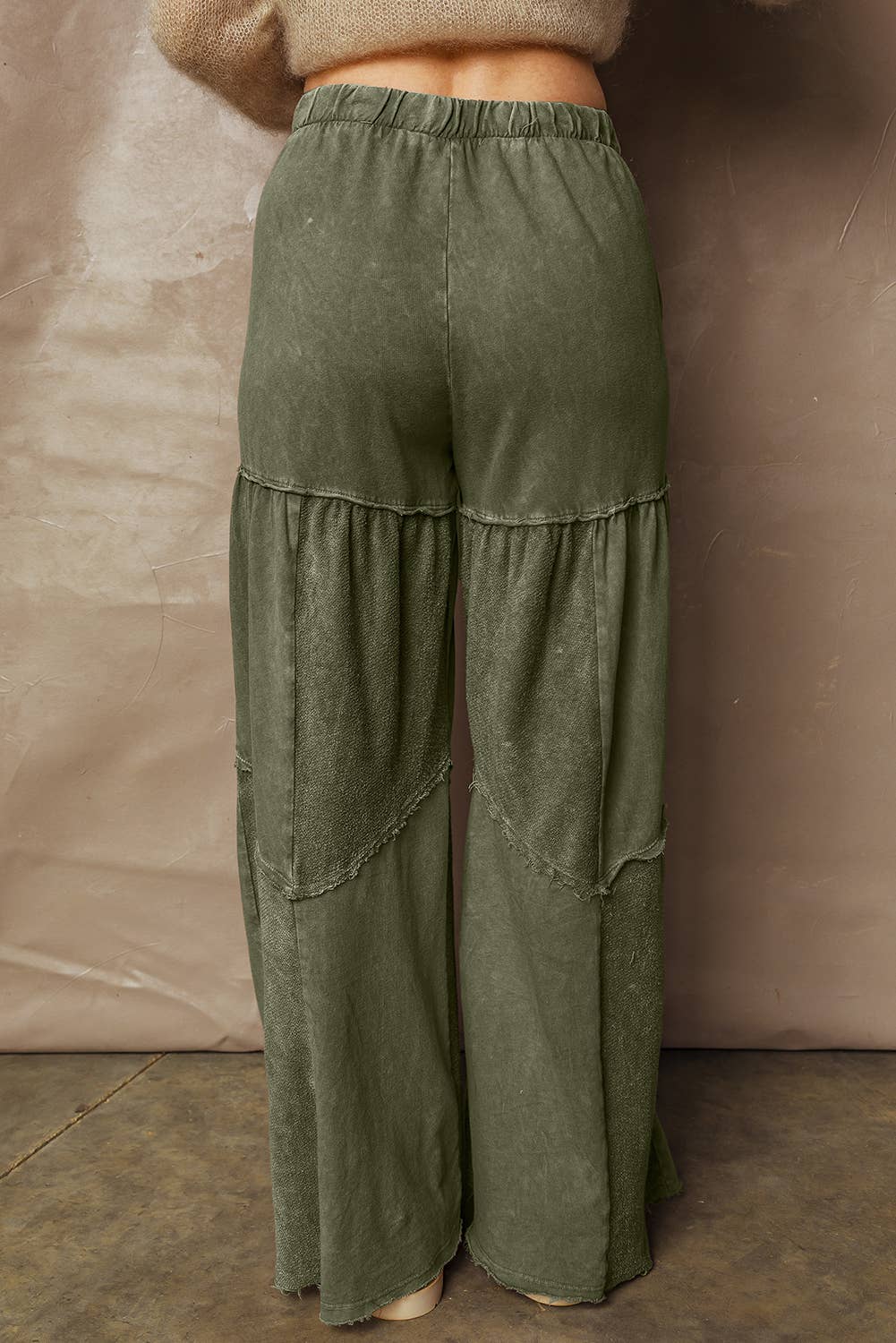Mineral Wash Tiered Wide Leg Patch Drawstring Pants Green