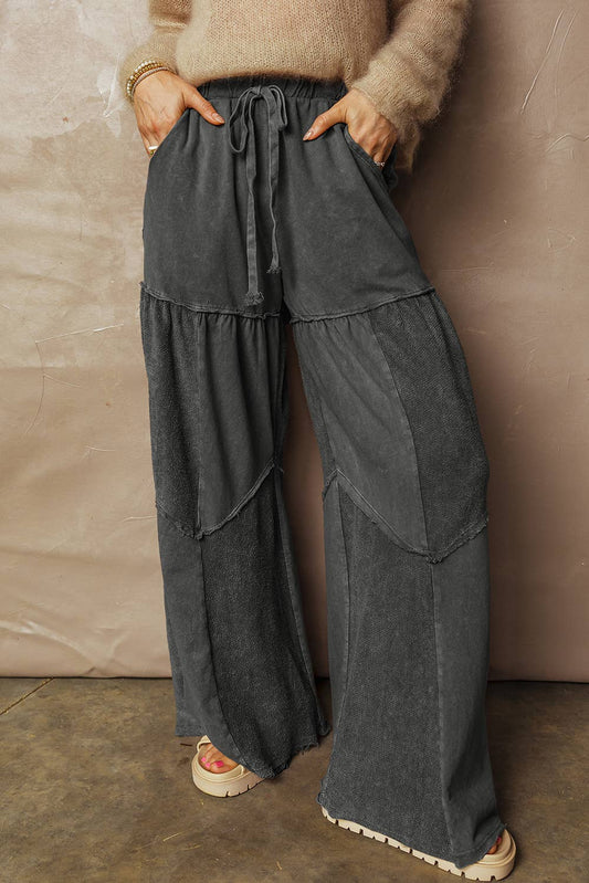 Mineral Wash Tiered Wide Leg Patch Drawstring Pants | S-XL