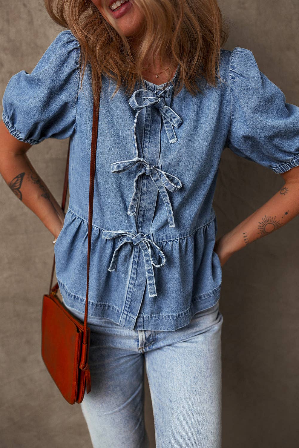 Blue Denim Tie Front Puff Sleeve Peplum Blouse