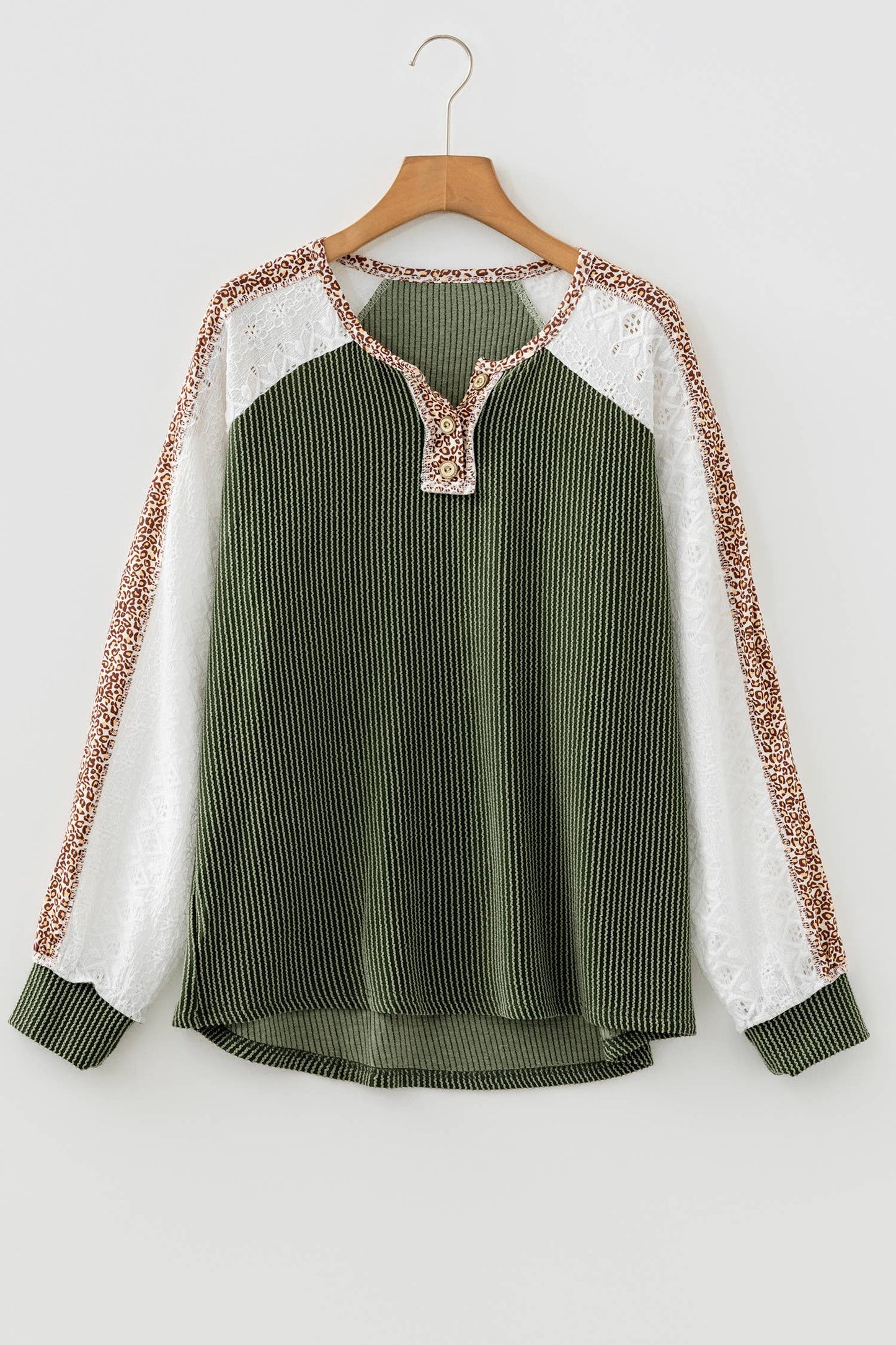Ribbed Leopard Lace Contrast Patchwork Sleeve Top (S-XL)