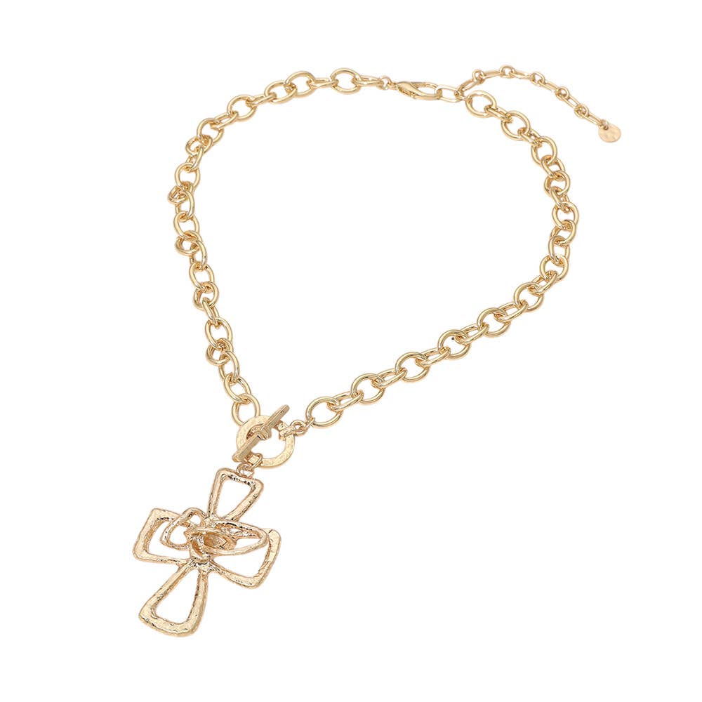 Hammered Metal Cross Toggle Pendant Necklace