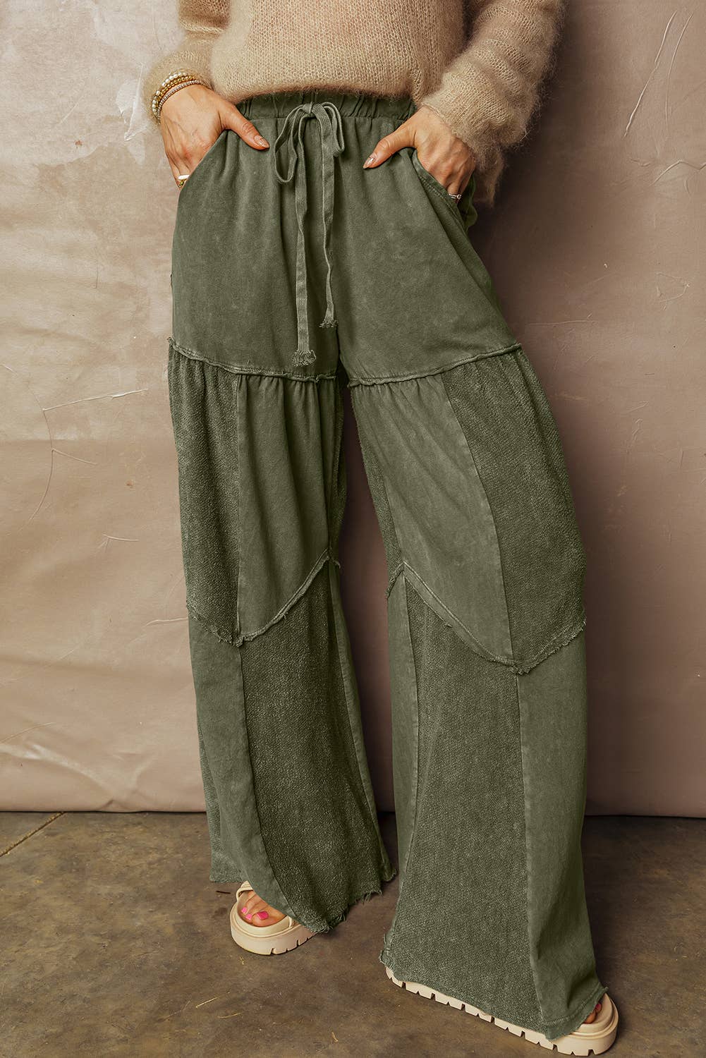 Mineral Wash Tiered Wide Leg Patch Drawstring Pants Green