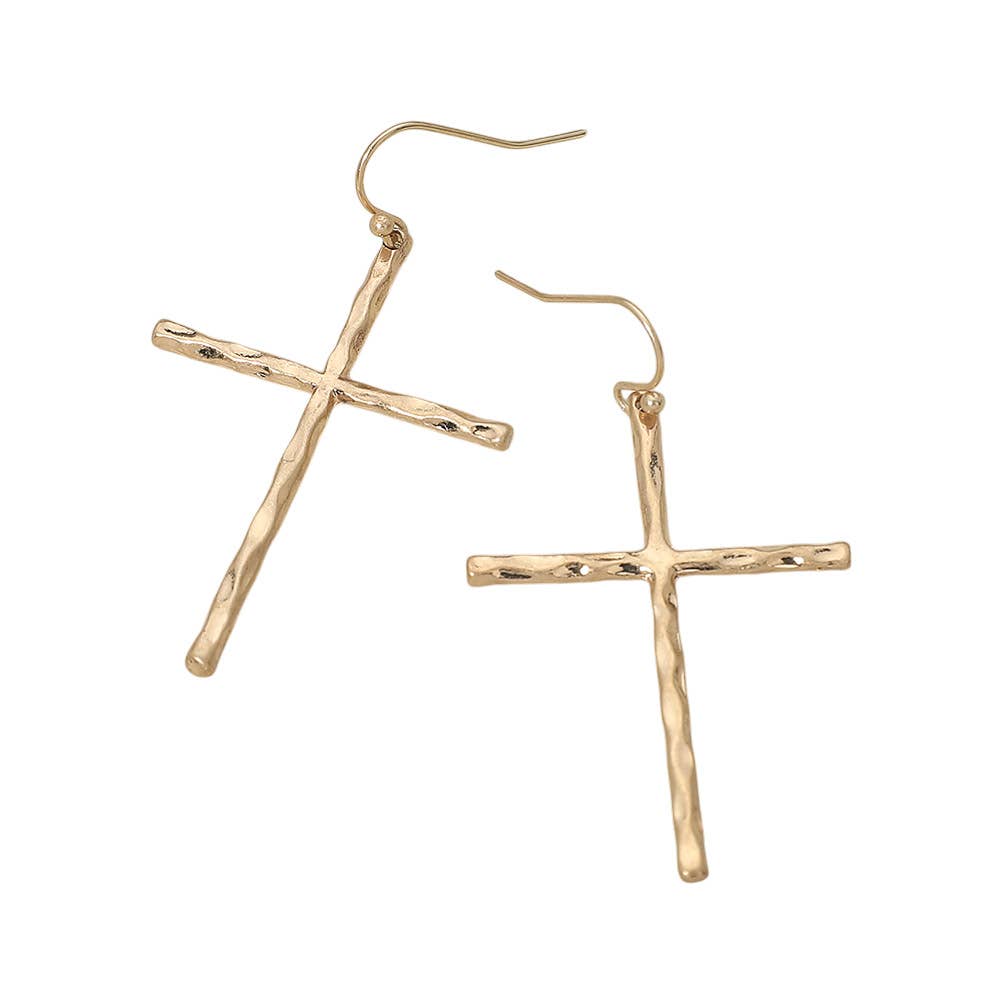 Hammered Metal Cross Charm Drop Dangle Earrings