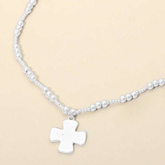 Brushed Hammered Metal Cross Pendant Beaded Chain Necklace