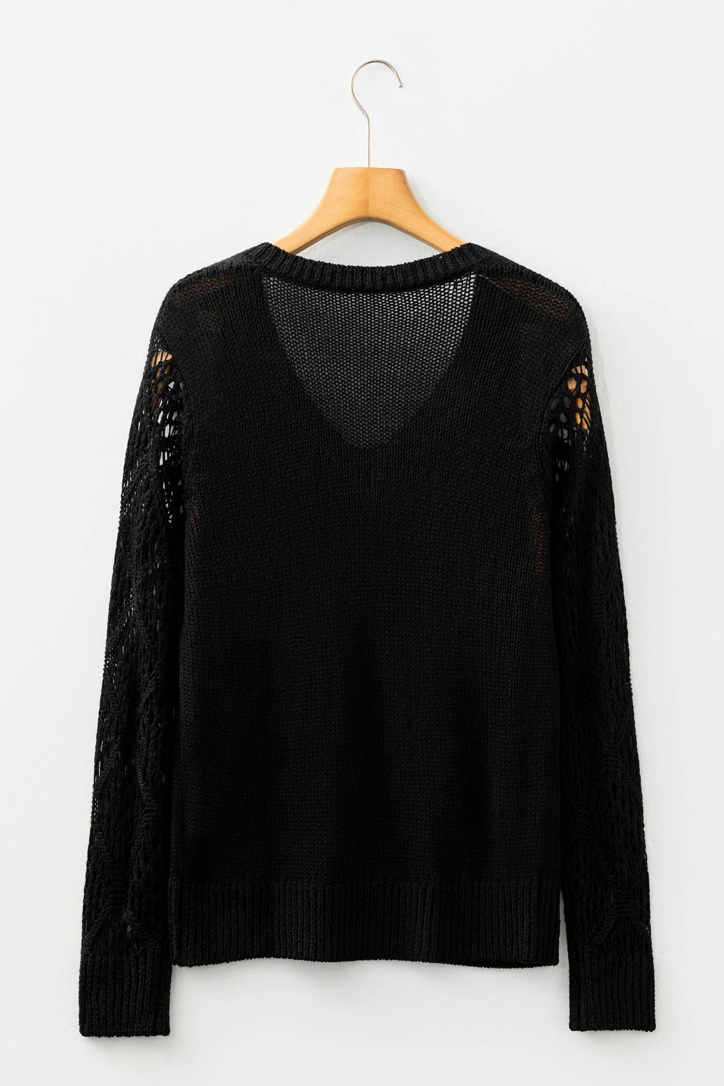 Solid V Neck Pointelle Knit Sleeve Patchwork Sweater (S-XL)