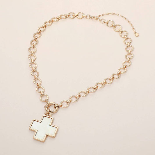Mother of Pearl Cross Pendant Chunky Chain Necklace
