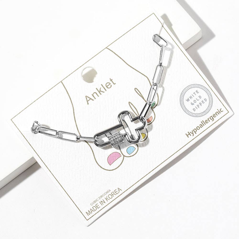 Gold Dipped CZ Stone Paved Open Cross Carabiner Paperclip Link Chain Anklet