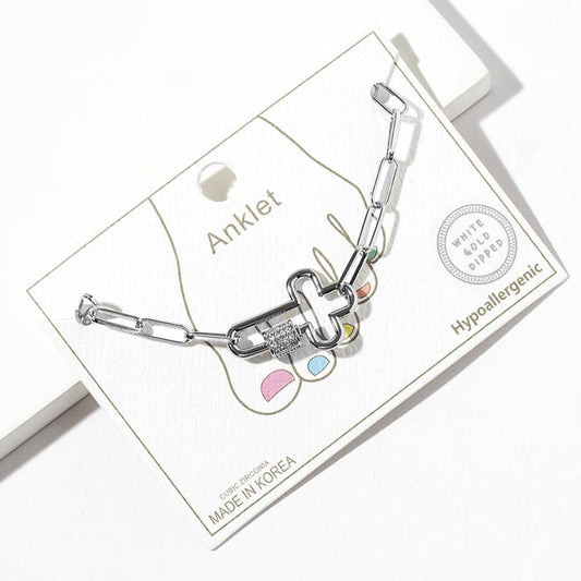 Gold Dipped CZ Stone Paved Open Cross Carabiner Paperclip Link Chain Anklet