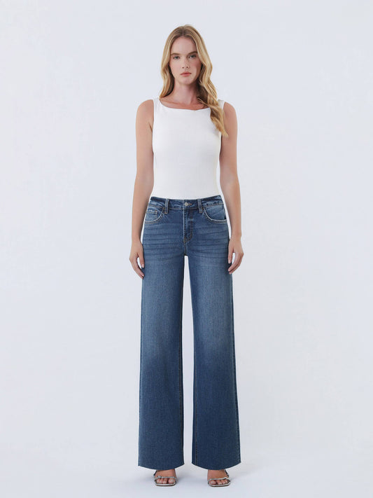 LOVERVET HIGH RISE DARK WASH CLEAN CUT RAW HEM WIDE JEANS LV1134
