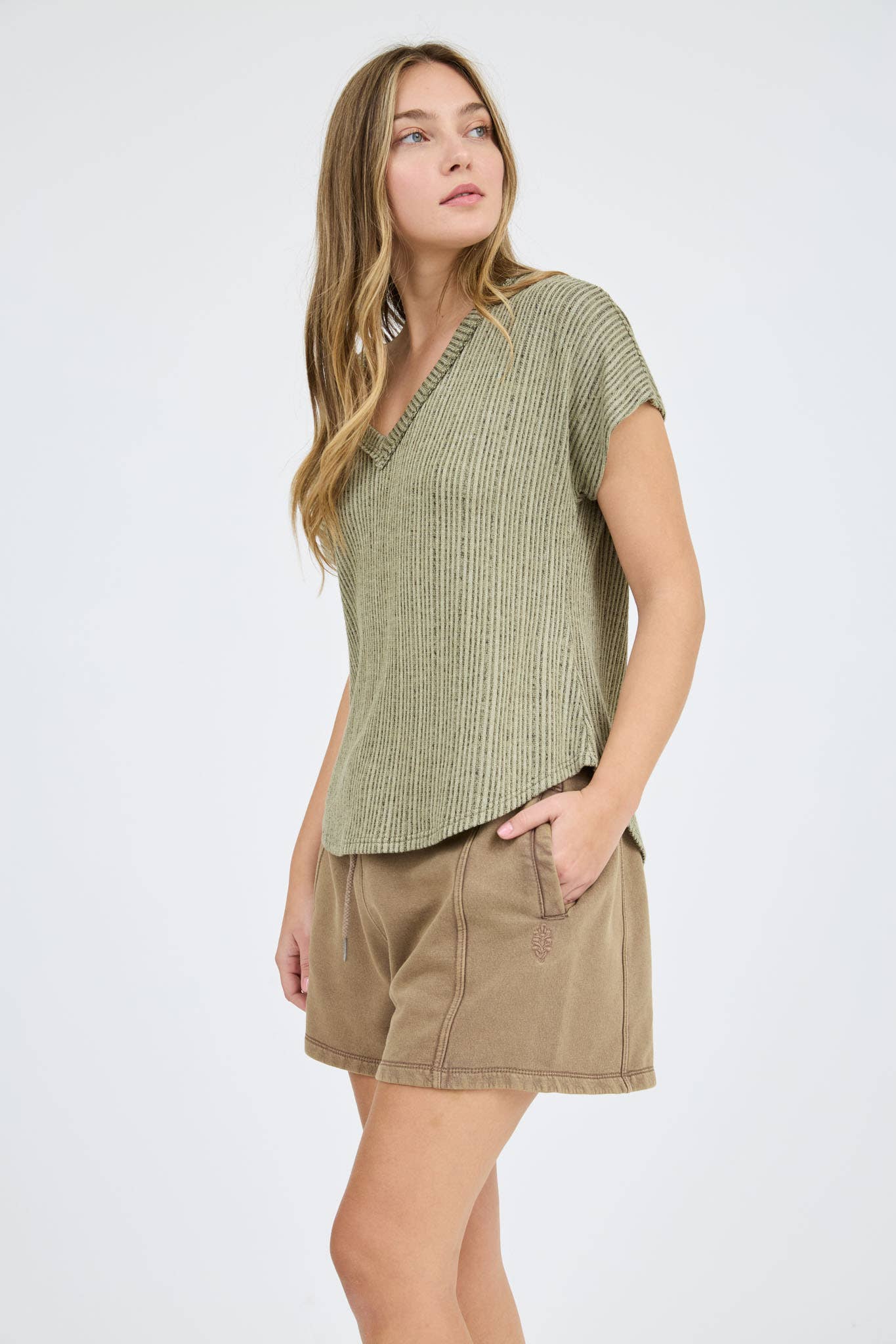 Blu Pepper PLUS V NECK EXTENDED SHORT SLEEVE SWEATER KNIT TOP